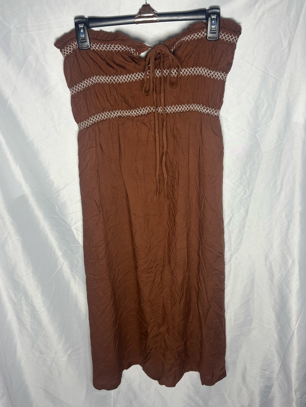 Patrons of Peace Brown Strapless Smocked Midi Dress